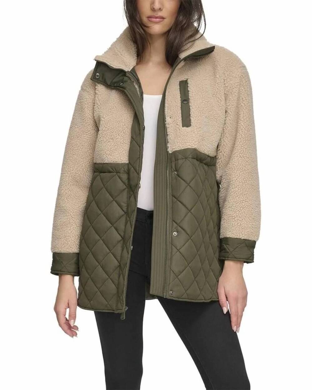 NEW ANDREW MARC sherpa trim longline jacket in beige